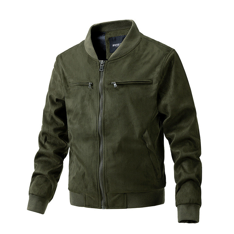 “Men’s Suede Stand Collar Jacket – Double Zipper Pockets”
