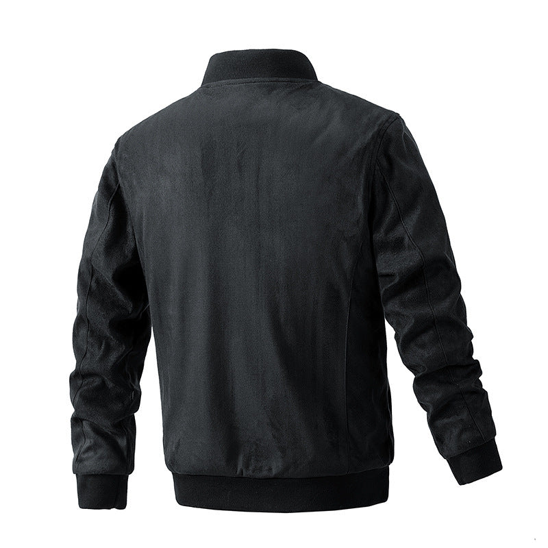 “Men’s Suede Stand Collar Jacket – Double Zipper Pockets”
