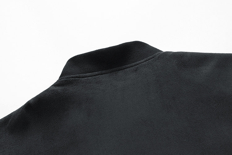 “Men’s Suede Stand Collar Jacket – Double Zipper Pockets”