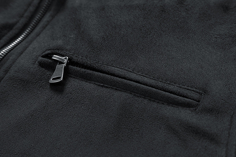 “Men’s Suede Stand Collar Jacket – Double Zipper Pockets”