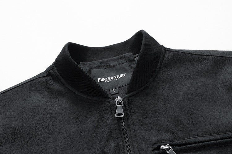 “Men’s Suede Stand Collar Jacket – Double Zipper Pockets”