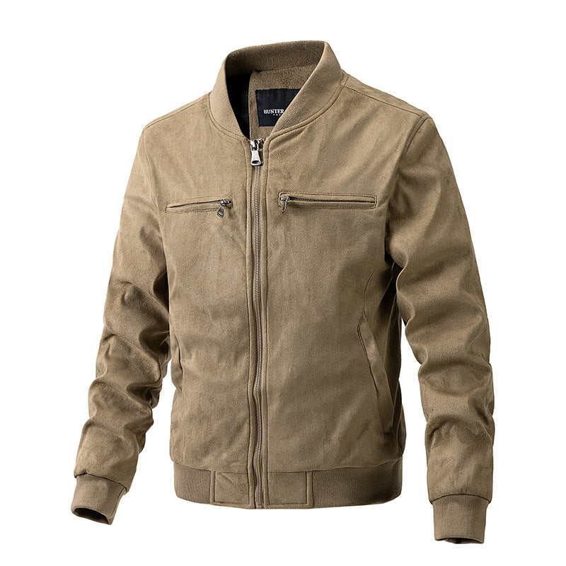 “Men’s Suede Stand Collar Jacket – Double Zipper Pockets”