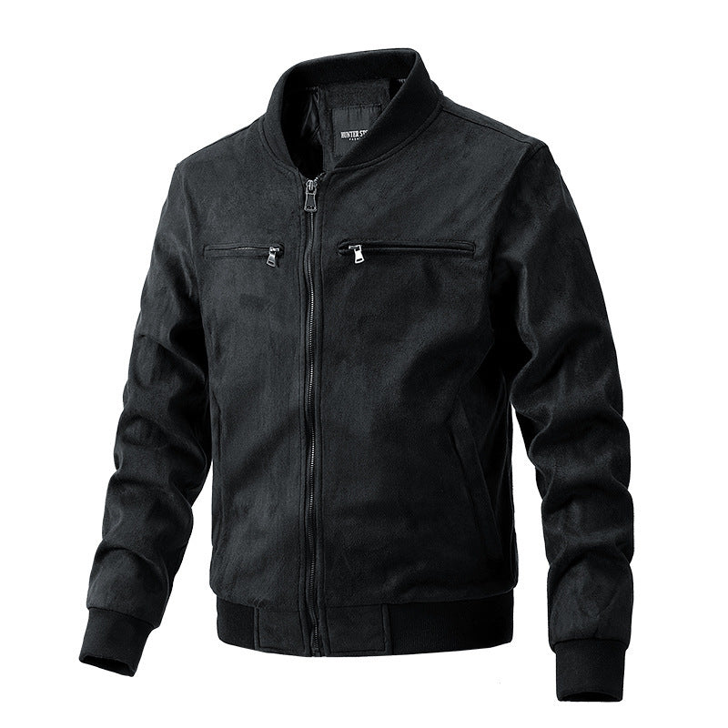 “Men’s Suede Stand Collar Jacket – Double Zipper Pockets”