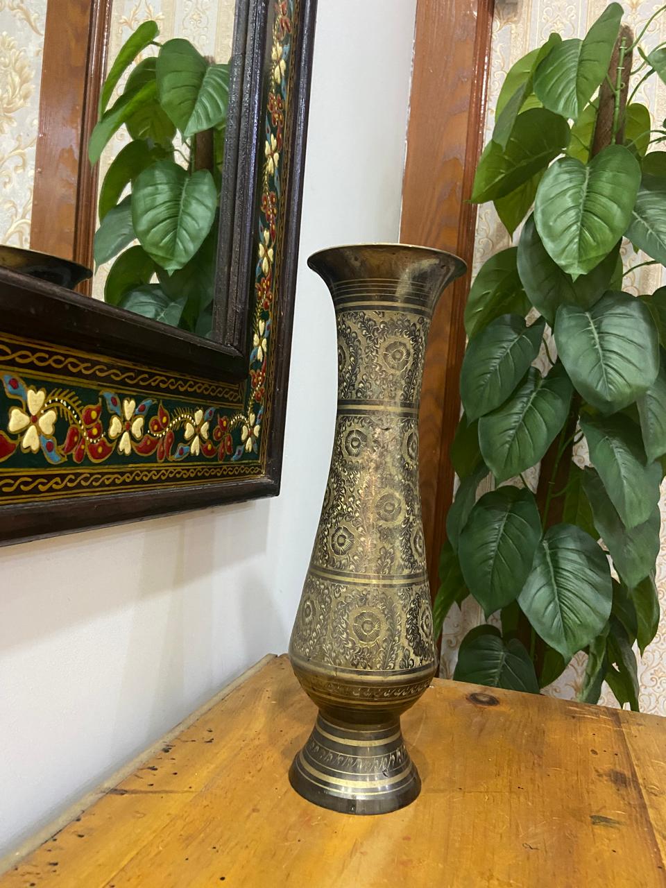 Antique Indo-Persian Hand-Chased Brass Vase — Floral Medallion Motif
