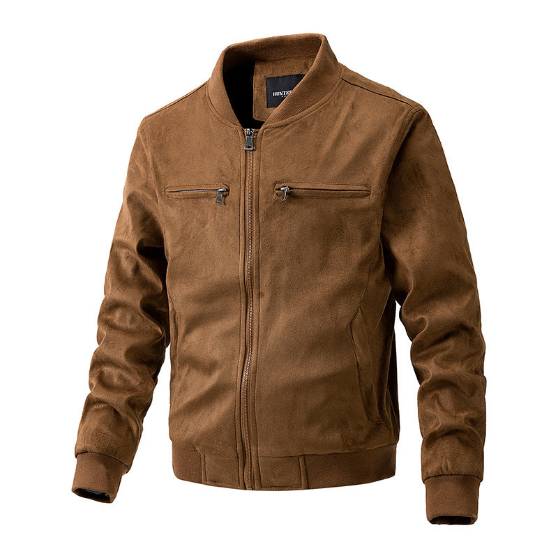 “Men’s Suede Stand Collar Jacket – Double Zipper Pockets”